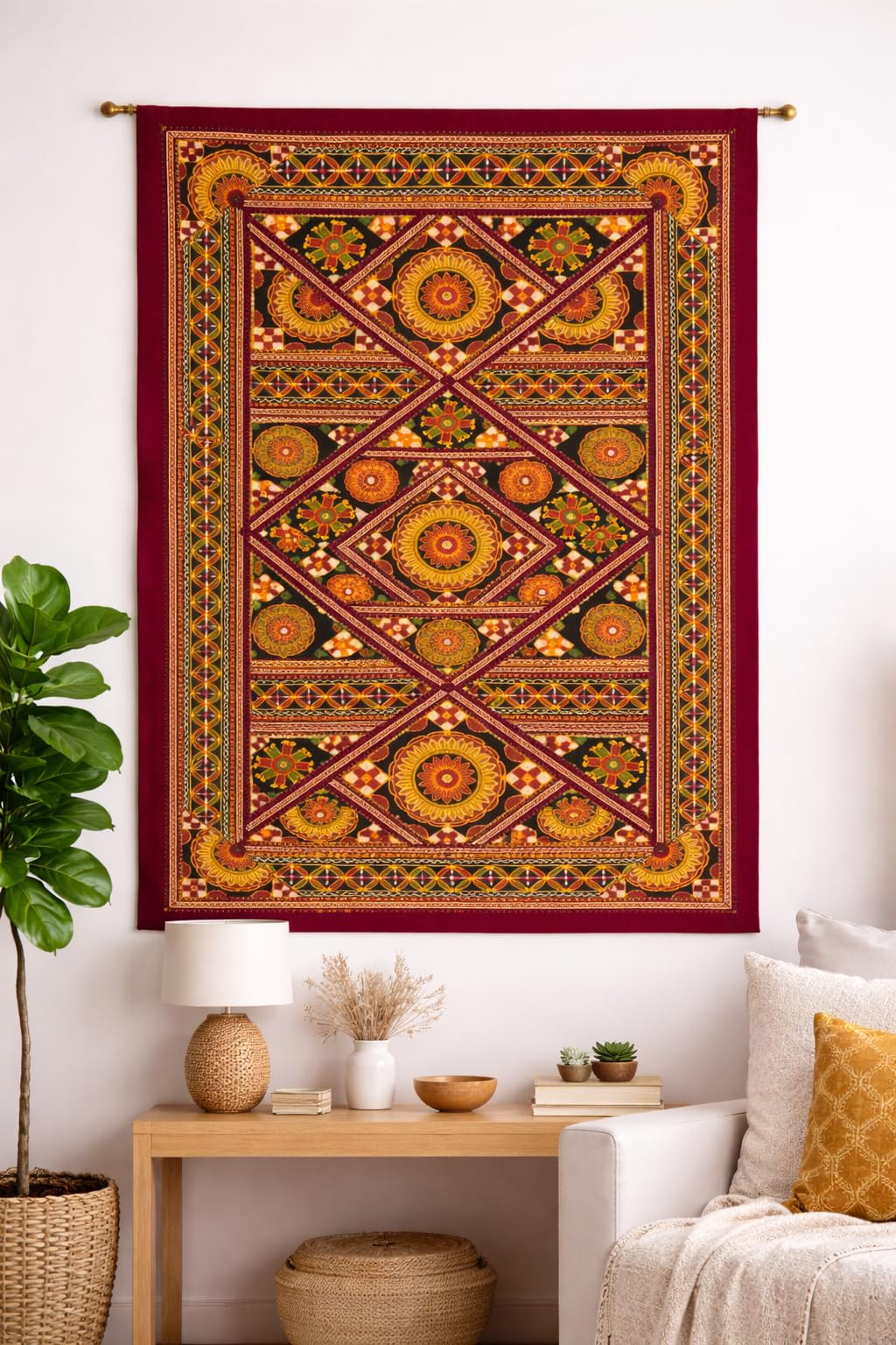 table runner 金彩古鏡文　帯リメイク　正絹 Buy Kutch Art Hand Embroidery Table Runner, Handmade Patchwork